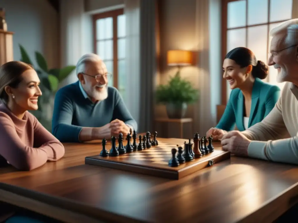 Unir generaciones con juegos de mesa: familia disfruta de juegos en mesa en acogedora sala llena de luz natural