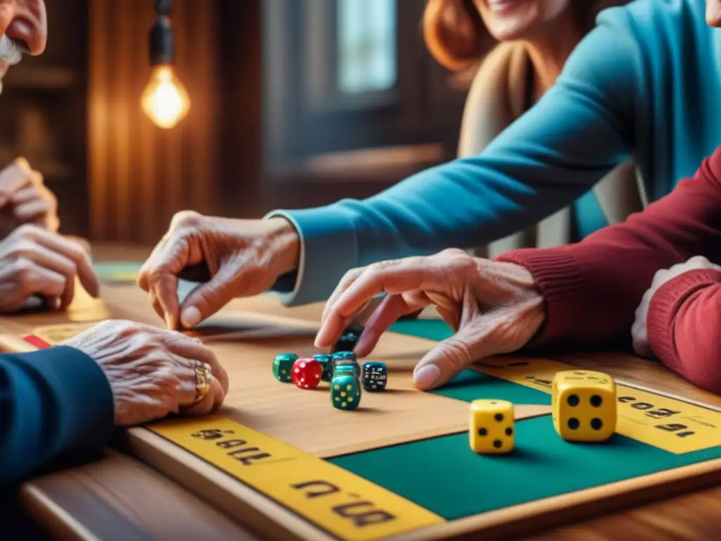 Uniendo generaciones con juegos de mesa: manos de tres generaciones jugando juntas en una mesa de madera, reflejando conexión y afecto