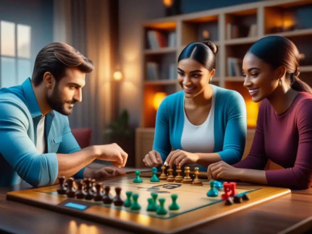 Diversas generaciones disfrutan juntas de un juego de mesa complejo, resaltando la emoción y concentración