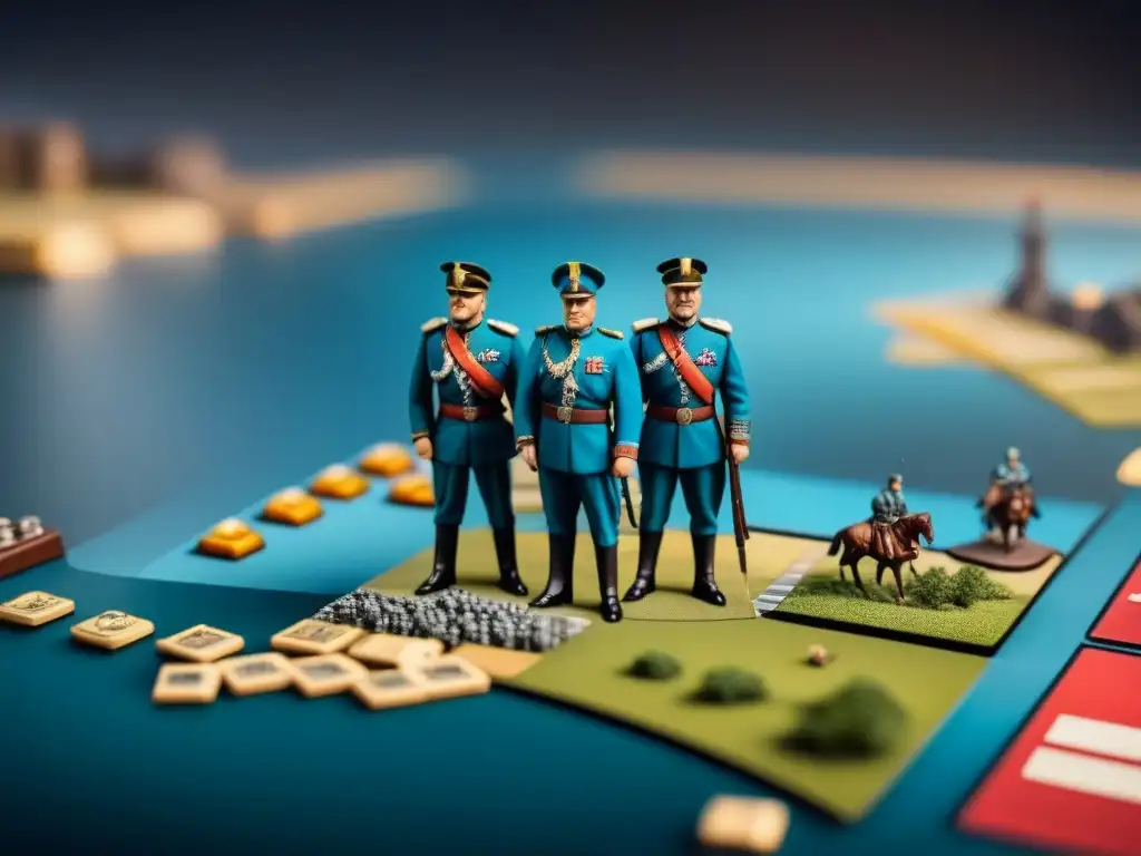 Generales históricos juegan Risk, inmersos en estrategias y mapas, reflejando la historia del juego de Risk