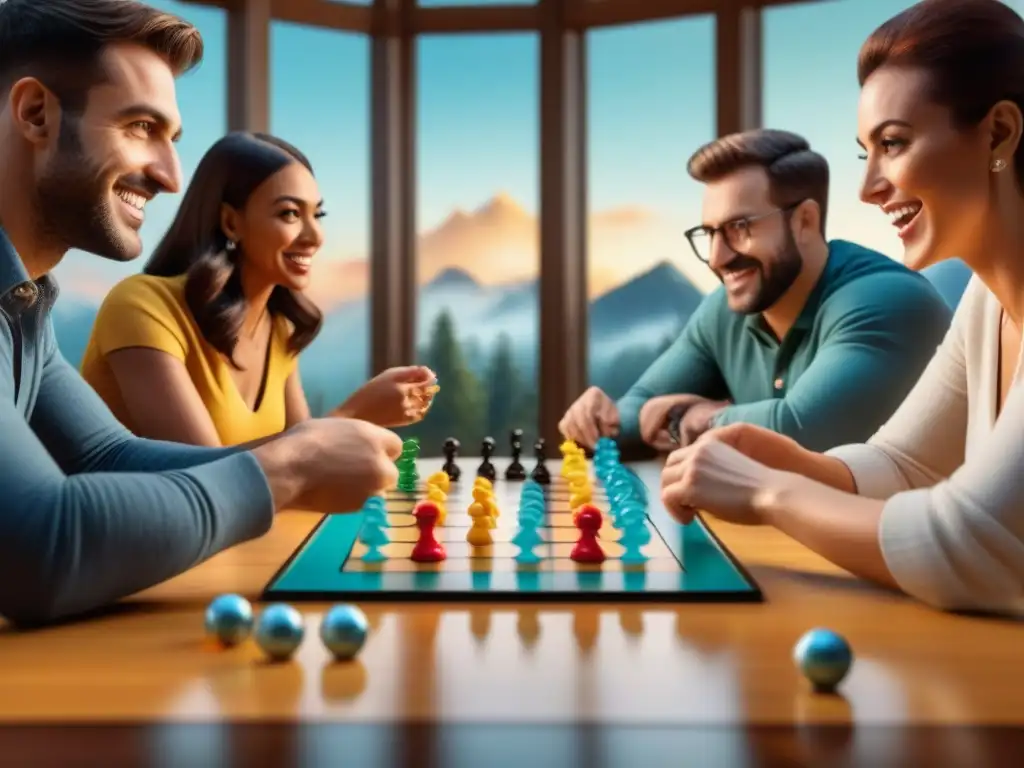 Gente diversa disfruta de juegos de mesa, reduciendo estrés con concentración y diversión