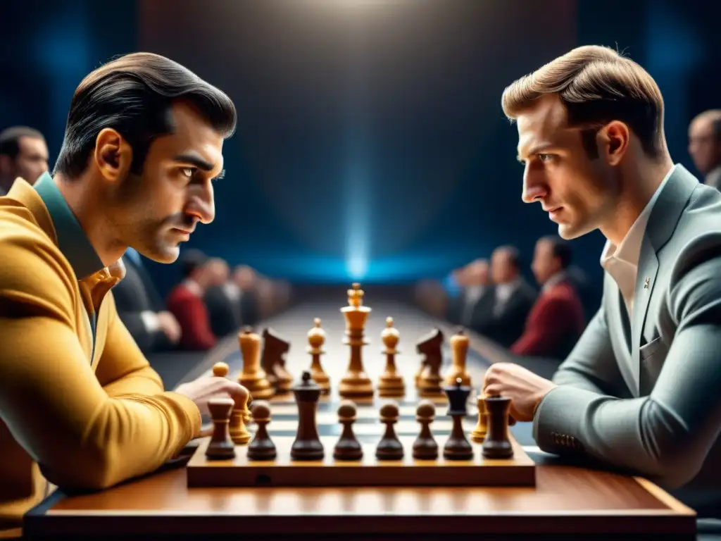 Intensa partida de ajedrez entre grandmasters en torneo Dos grandmasters de ajedrez compiten en la final de la Copa Mundial Ajedrez, mostrando concentración y estrategia en un ambiente tenso y competitivo