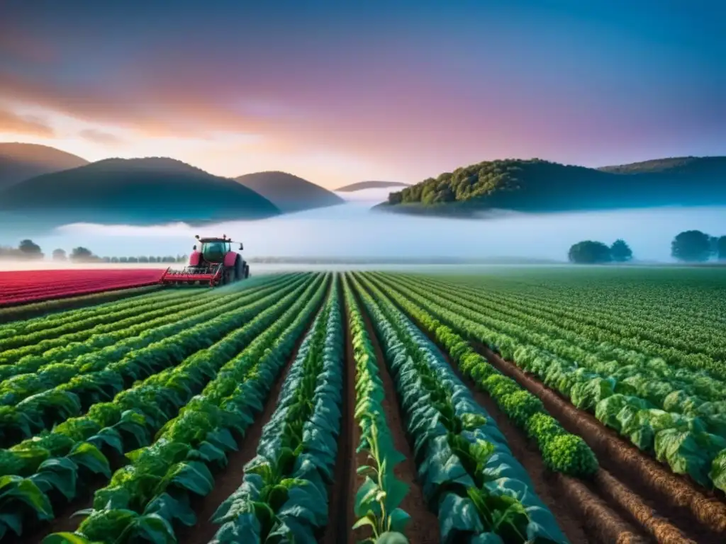 Un granjero cuidando con esmero un campo fértil lleno de cultivos vibrantes, reflejando la dedicación en la agricultura