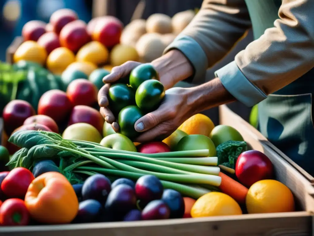 Un granjero selecciona cuidadosamente frutas y verduras frescas en un bullicioso mercado agrícola