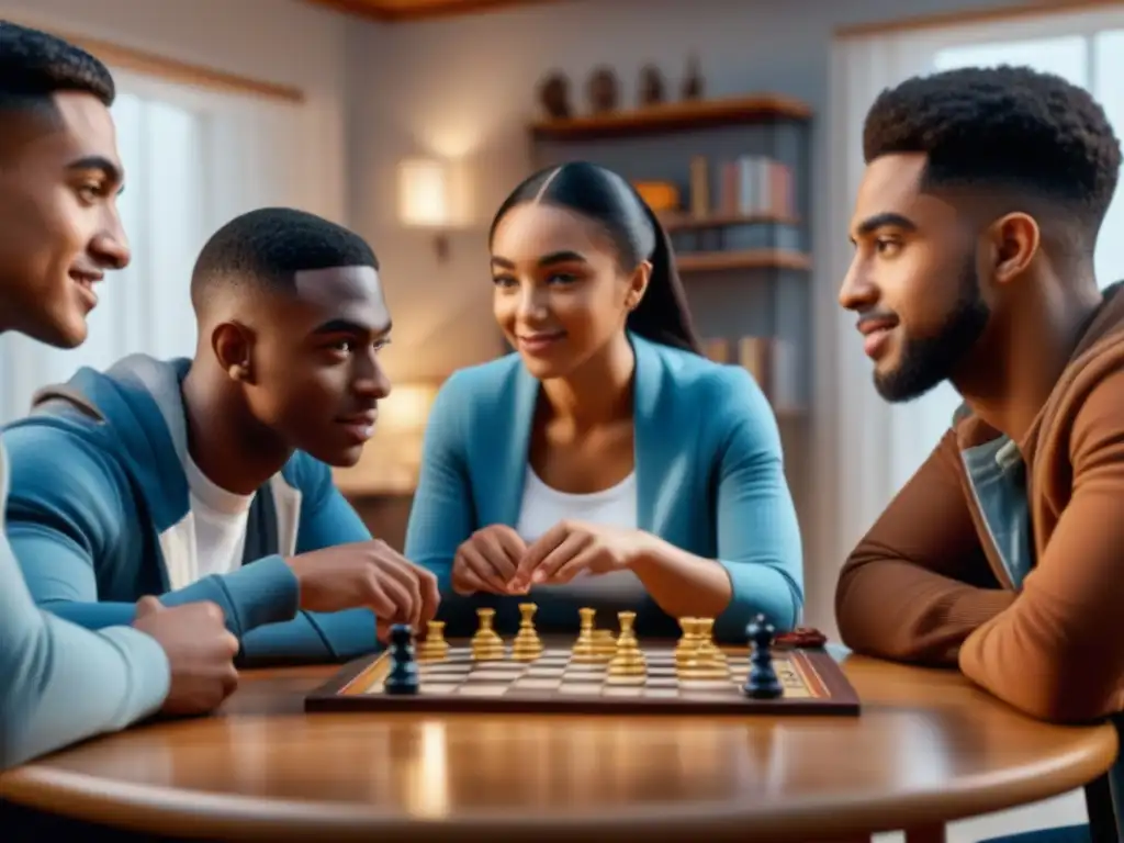 Un grupo de adolescentes diversos concentrados y emocionados jugando un juego de mesa en una terapia juvenil