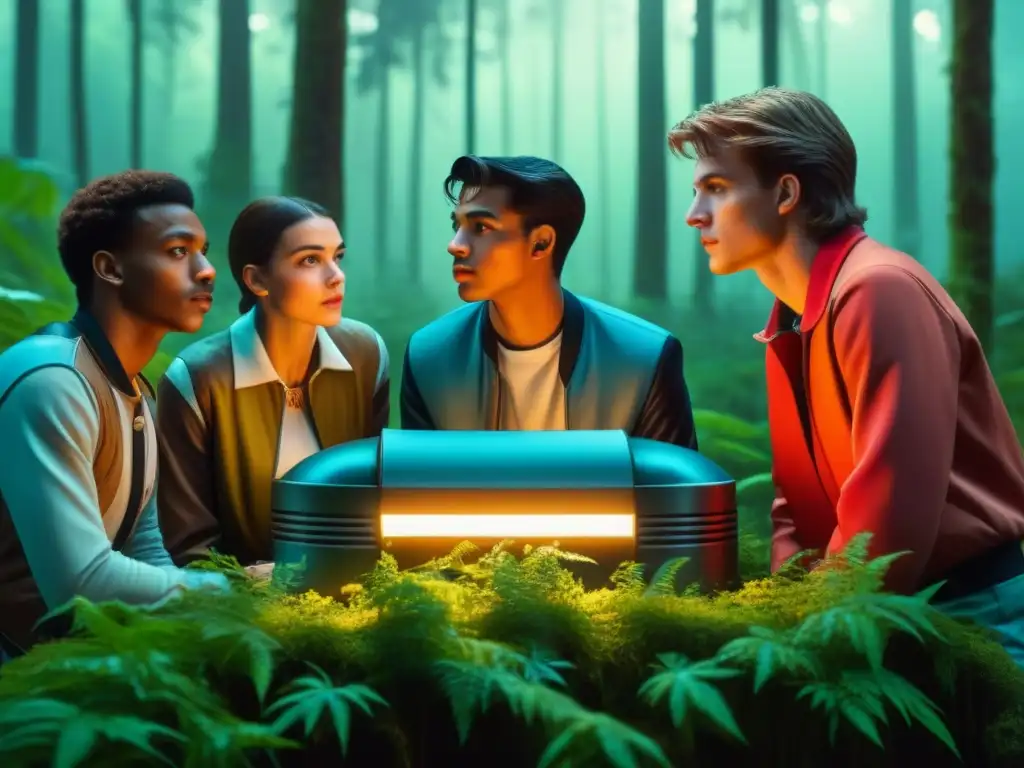 Un grupo de adolescentes diversos en un bosque, rodeando un dispositivo brillante y misterioso, reflejando la esencia de 'Tales from the Loop reseña'