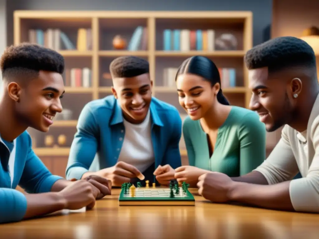 Grupo de adolescentes diversos disfrutando un juego de mesa juntos, fomentando habilidades sociales en adolescentes