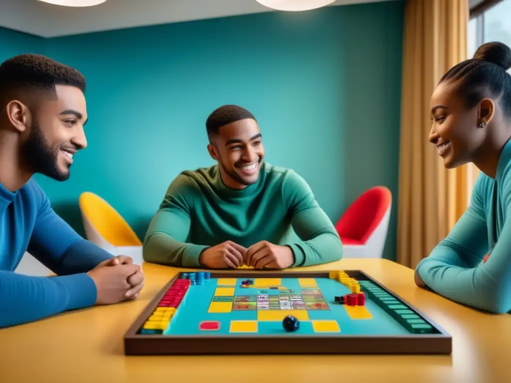 Un grupo de adolescentes diversos participa en terapia juvenil con juegos de mesa en una habitación acogedora, mostrando conexión y crecimiento