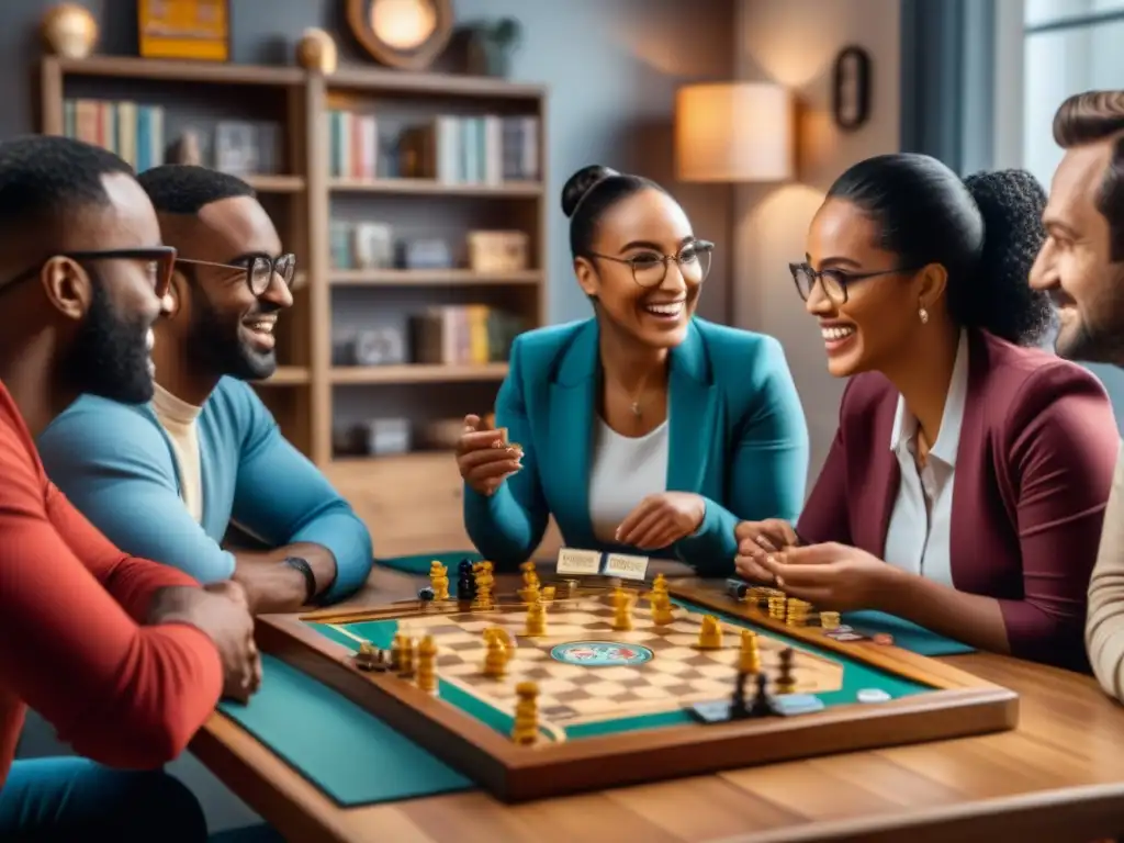 Grupo de adultos diversos disfrutando de juegos de mesa en una atmósfera cálida y acogedora