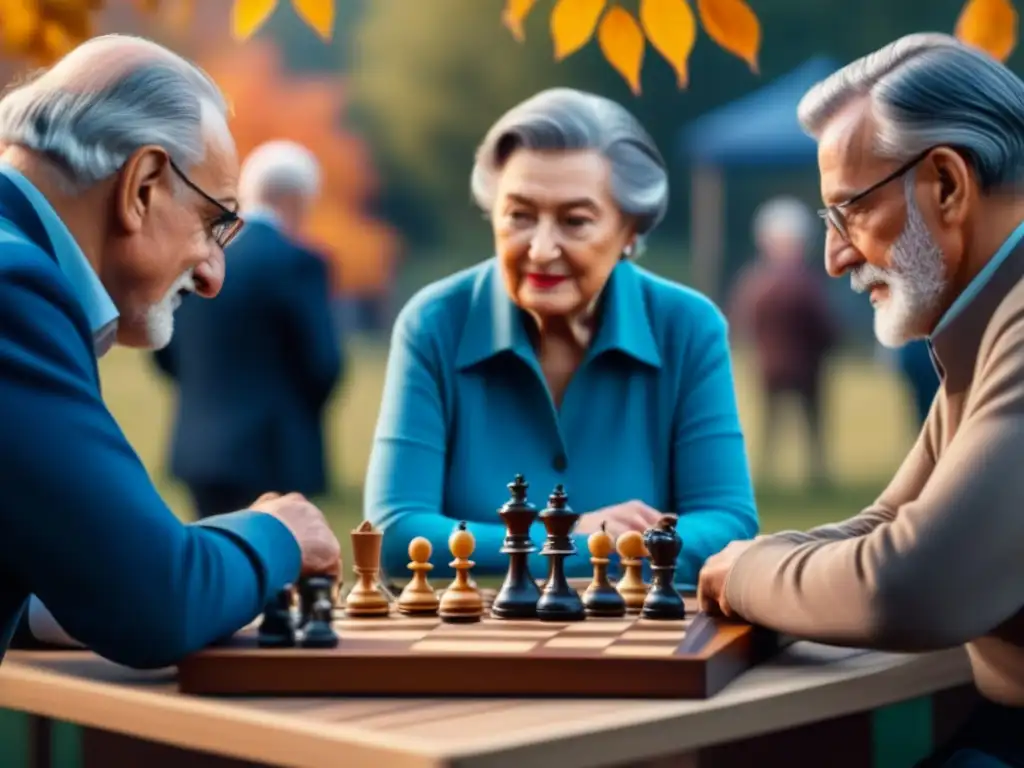 Grupo de adultos mayores disfrutando de un animado juego de ajedrez bajo el sol en un parque