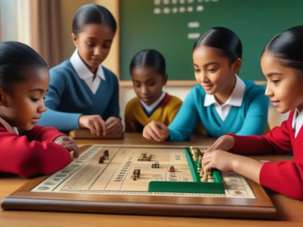 Un grupo de alumnos de primaria juega un juego de mesa tradicional, inmersos en la cultura y la historia, rodeados de elementos educativos