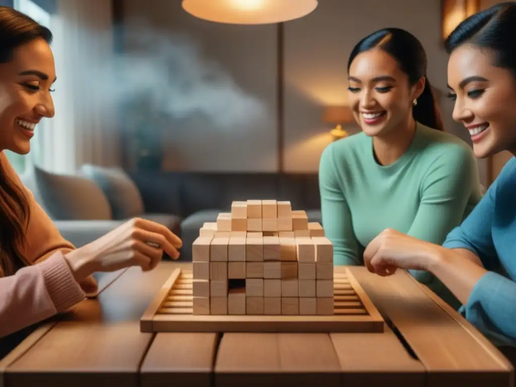 Grupo de amigos juegan Jenga en acogedora sala de los 80, capturando la historia del juego Jenga