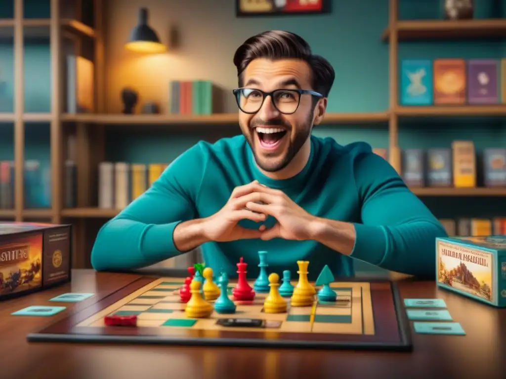 Grupo de amigos disfrutando de un animado juego de mesa, incorporando humor en juegos de mesa