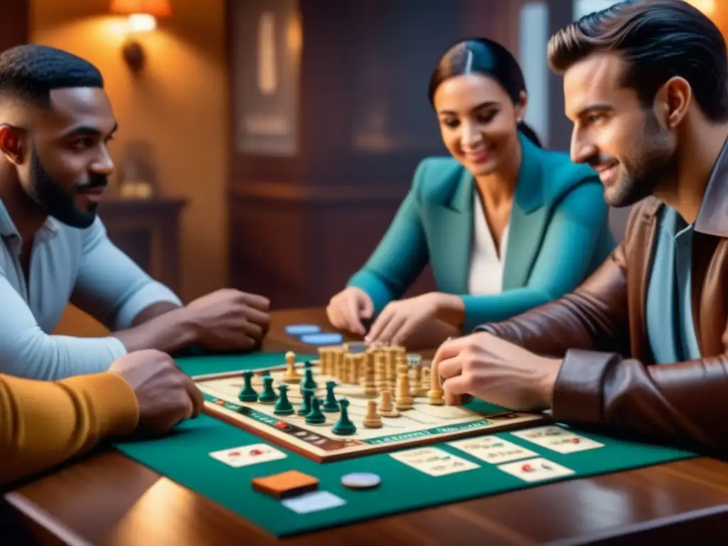 Un grupo de amigos concentradísimos jugando el juego de mesa Friends, capturando la emoción y camaradería