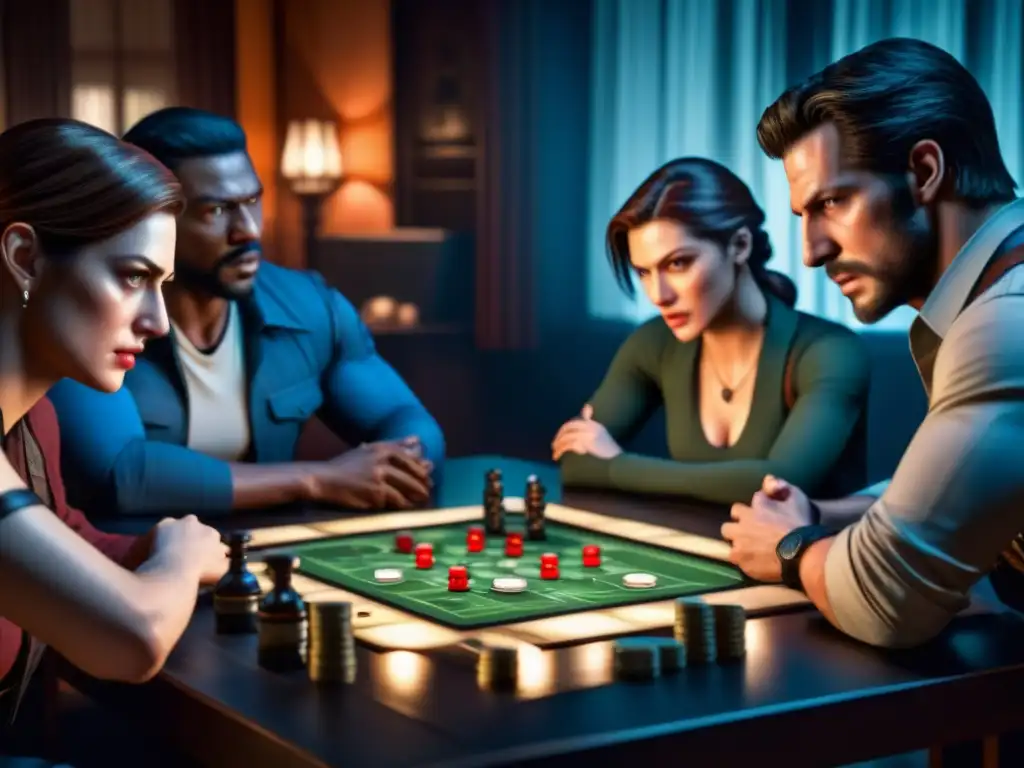 Un grupo de amigos concentrados y aterrados juega Resident Evil: The Board Game en una mesa iluminada con una ambientación inmersiva