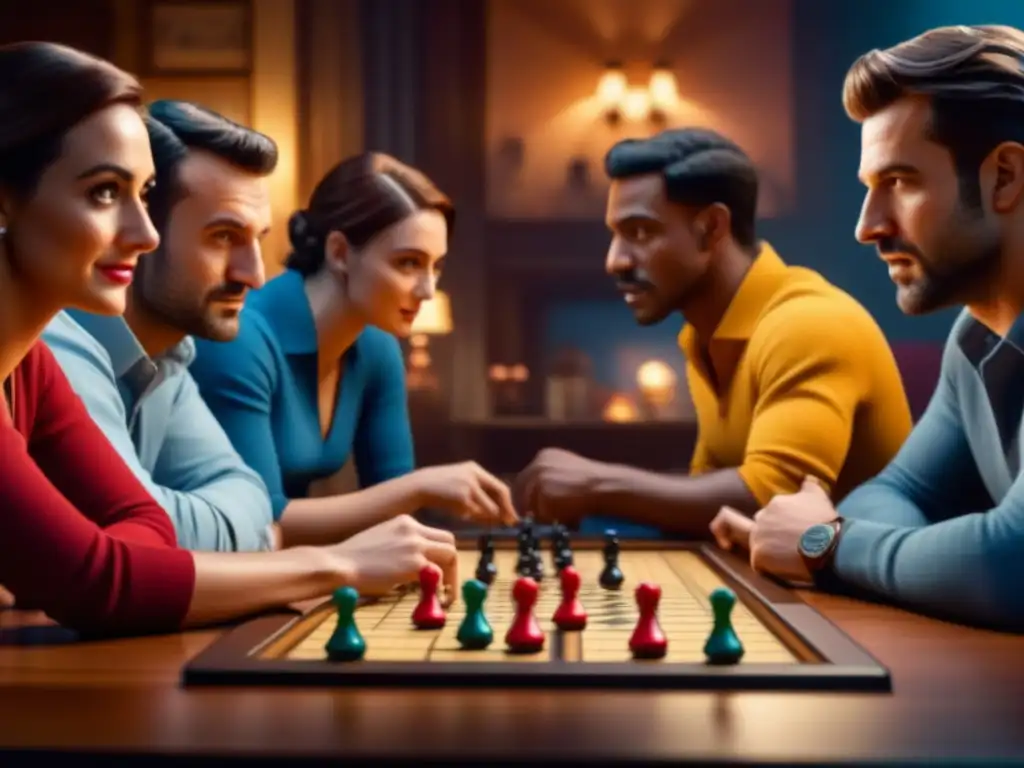 Emoción y estrategia en partida de mesa entre amigos Grupo de amigos concentrados y emocionados jugando un juego de mesa, mostrando competencias globales