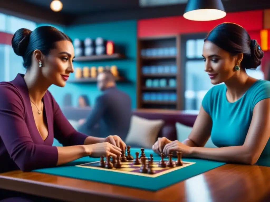 Grupo de amigos concentrados y emocionados en un juego de mesa estratégico en un acogedor café, rodeados de estantes repletos de juegos de mesa en cajas coloridas