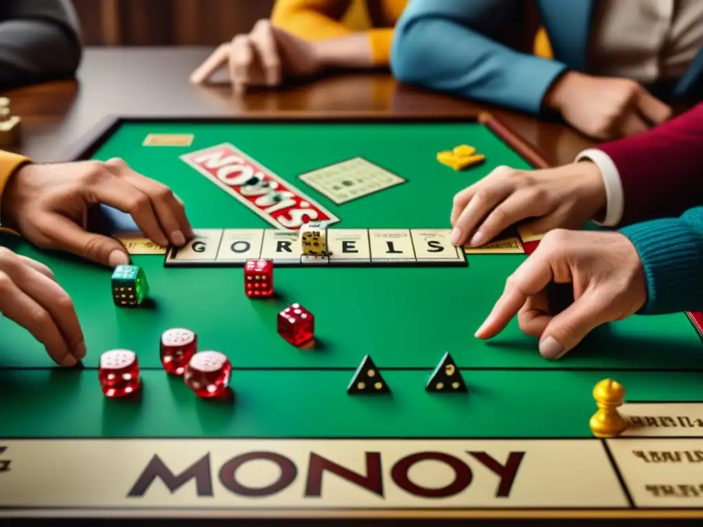 Un grupo de amigos concentrados y emocionados en una mesa llena de clásicos juegos de mesa como Monopoly, Scrabble y Risk