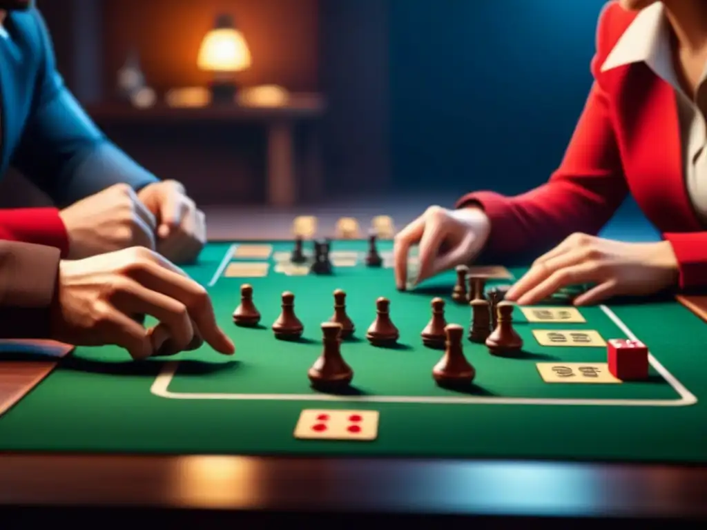 Grupo de amigos concentrados en un juego de mesa, con piezas y cartas estratégicas