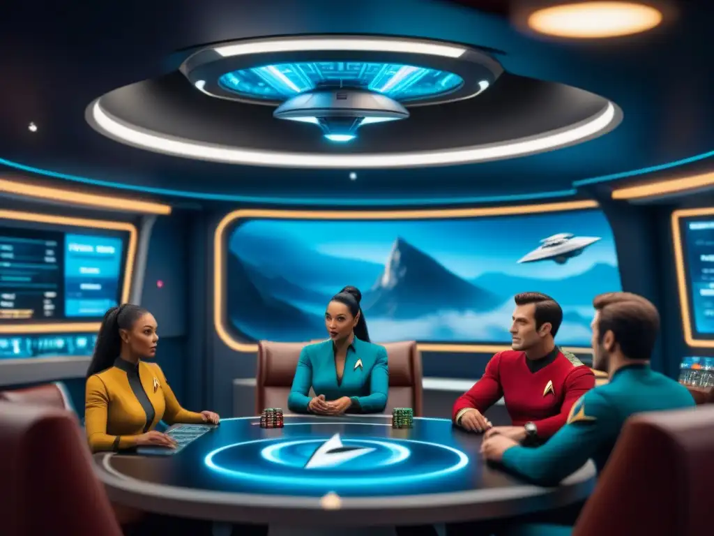 Un grupo de amigos concentrados en el Juego de mesa Star Trek, rodeados de elementos de ciencia ficción en un ambiente acogedor