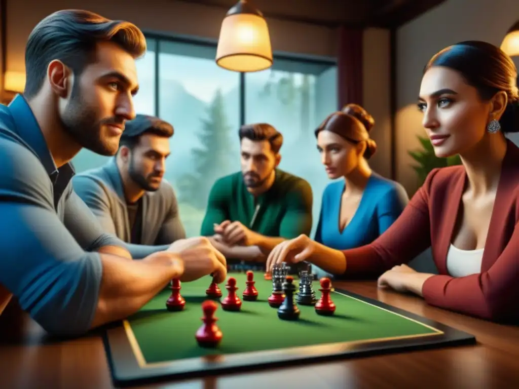 Grupo de amigos concentrados en un juego de mesa, mostrando emoción y camaradería