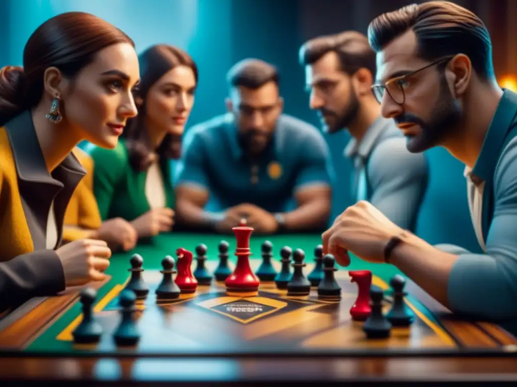 Grupo de amigos concentrados en juego de mesa coleccionista, disfrutando de la estrategia y la emoción