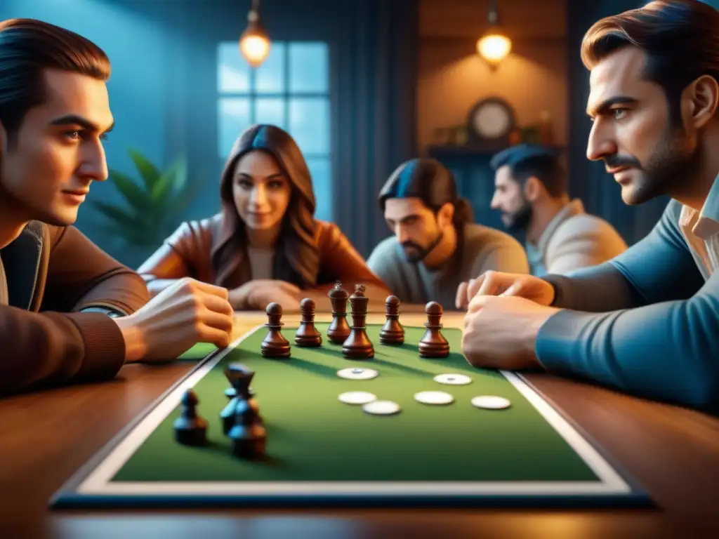 Intensa partida de mesa: amigos inmersos en un juego de tablero Un grupo de amigos concentrados en un juego de mesa, mostrando emoción y camaradería