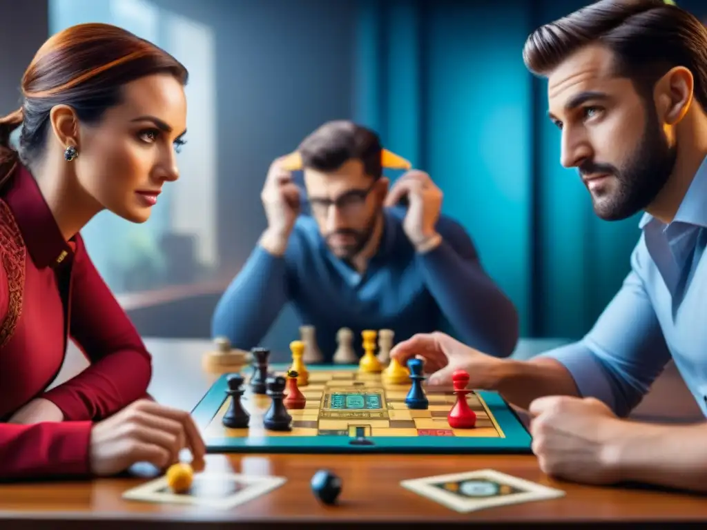 Juego de mesa estratégico: amigos inmersos en la competencia Un grupo de amigos concentrados en un juego de mesa estratégico, mostrando determinación y trabajo en equipo