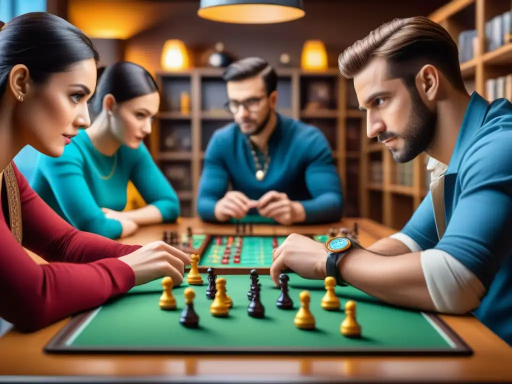 Un grupo de amigos concentrados en un juego de mesa estratégico, reflejando camaradería y desafío intelectual