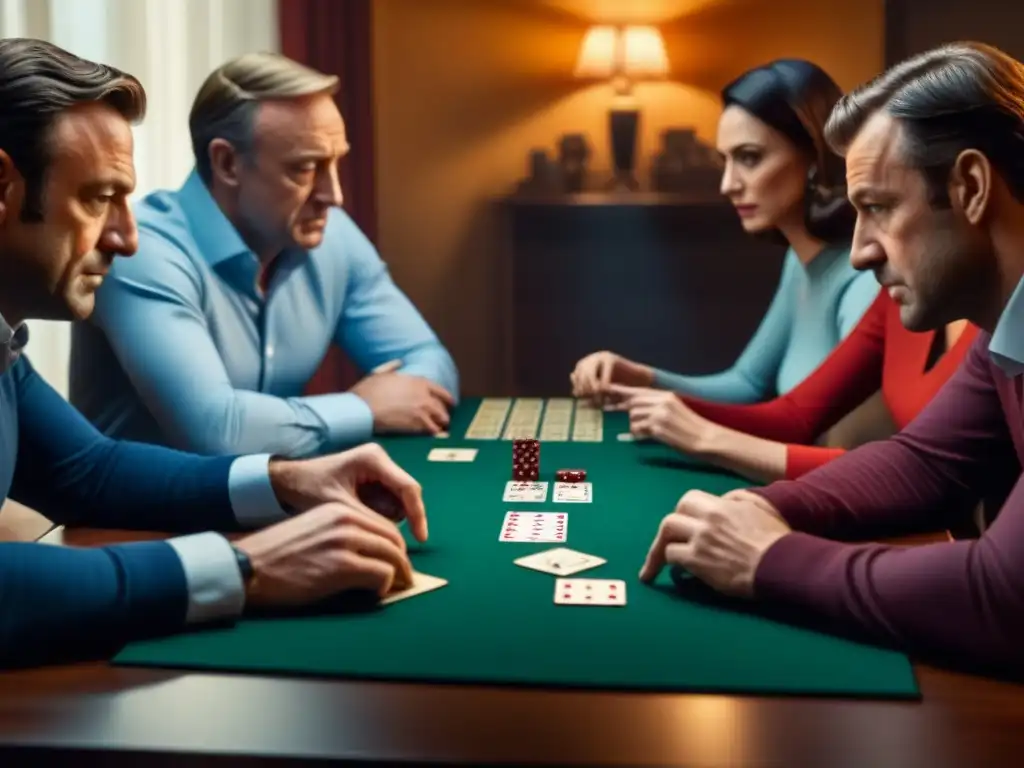 Un grupo de amigos concentrados en el Juego de mesa House of Cards, en una atmósfera de tensión y estrategia