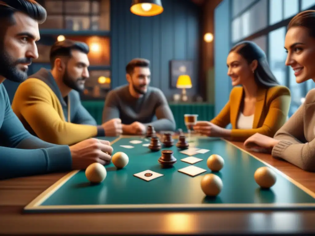 Un grupo de amigos concentrados en juegos de mesa para café, estrategias y diversión en un acogedor café