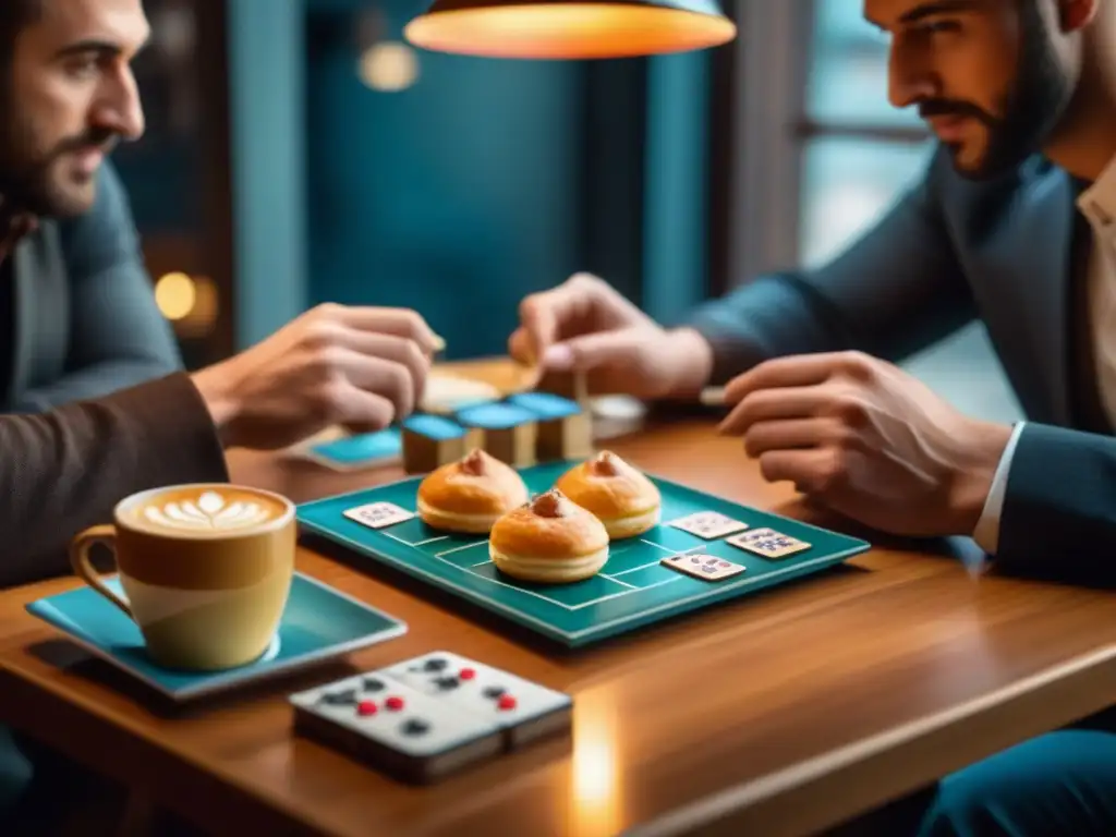 Un grupo de amigos concentrados disfruta de juegos de mesa en un acogedor café, creando una atmósfera cálida y envolvente