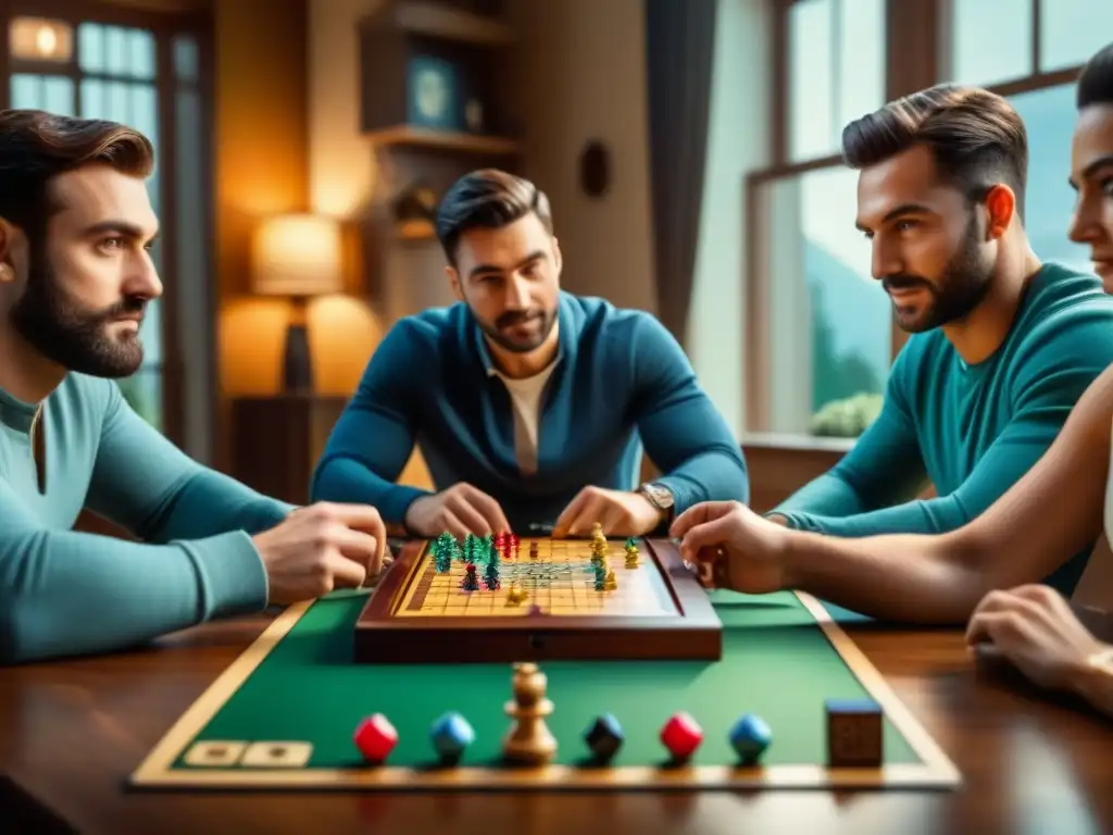 Grupo de amigos concentrados en el mejor juego de mesa, rodeados de piezas coloridas en una atmósfera cálida y divertida