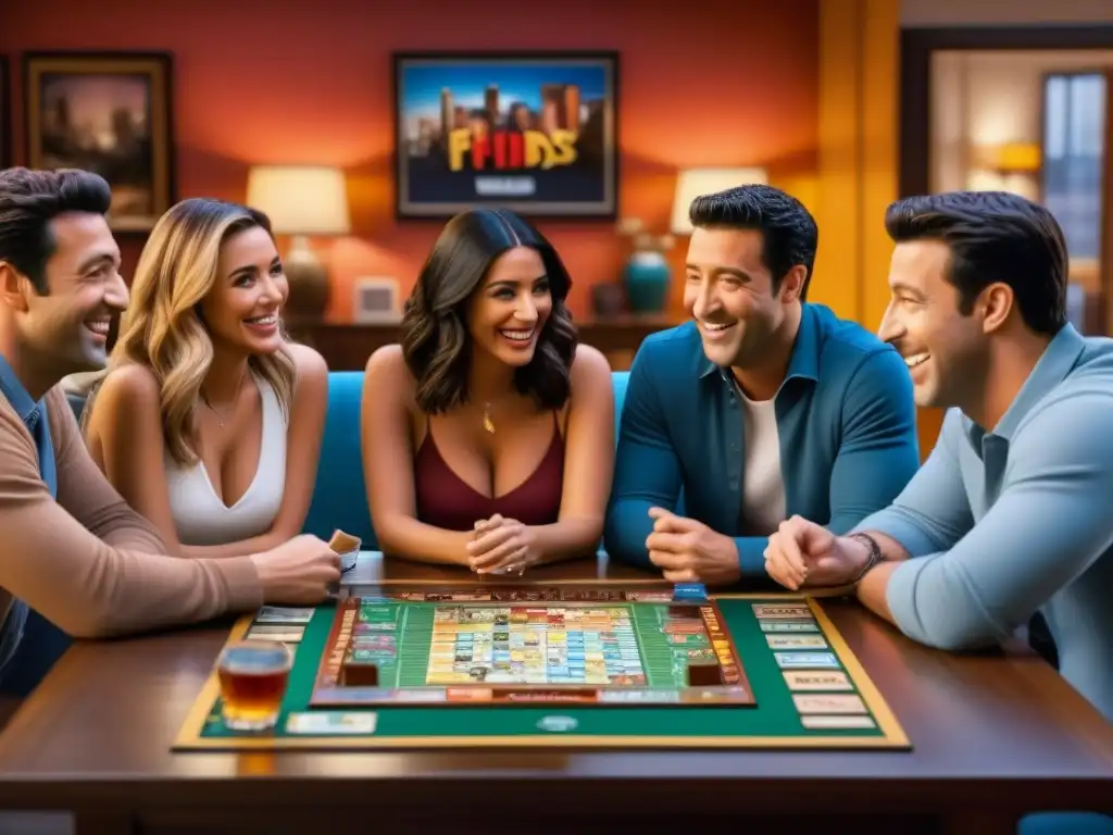 Un grupo de amigos jugando con emoción el juego de mesa 'Friends', envueltos en nostalgia y alegría