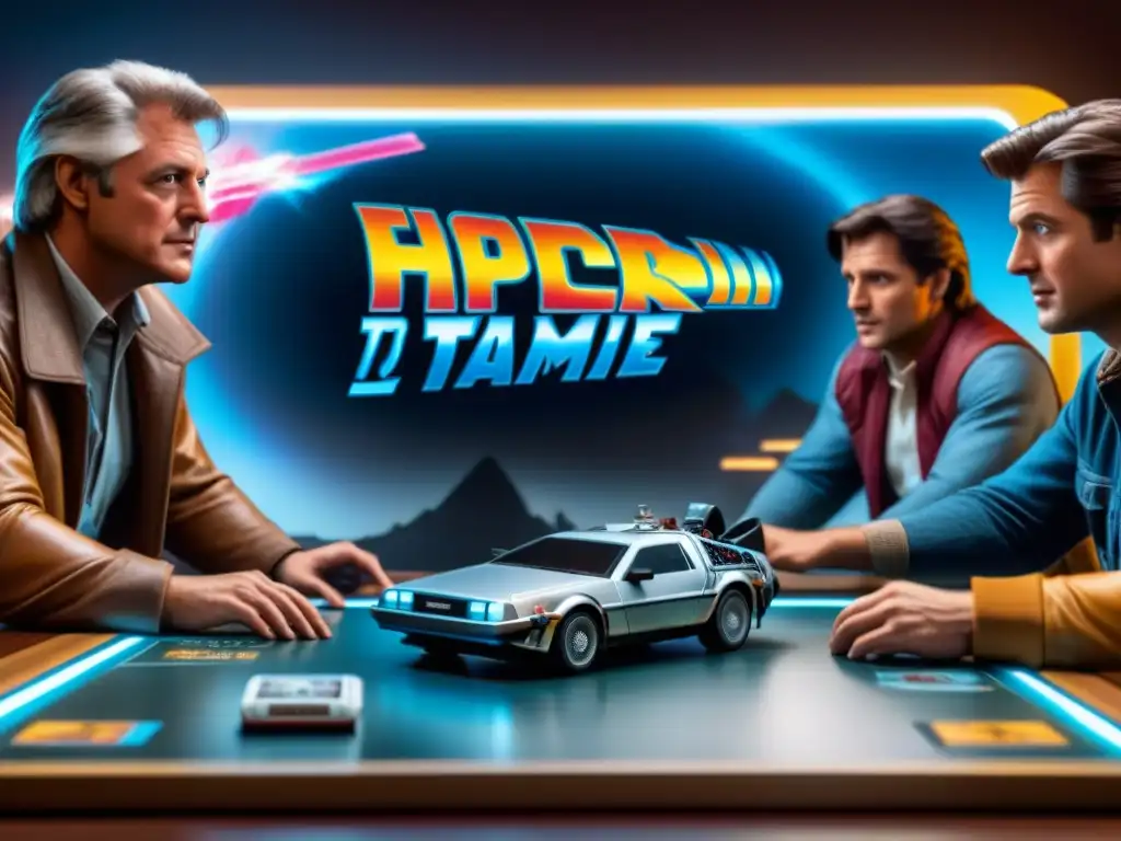 Un grupo de amigos juega emocionado al juego de mesa Back to the Future en una habitación acogedora llena de más juegos de mesa