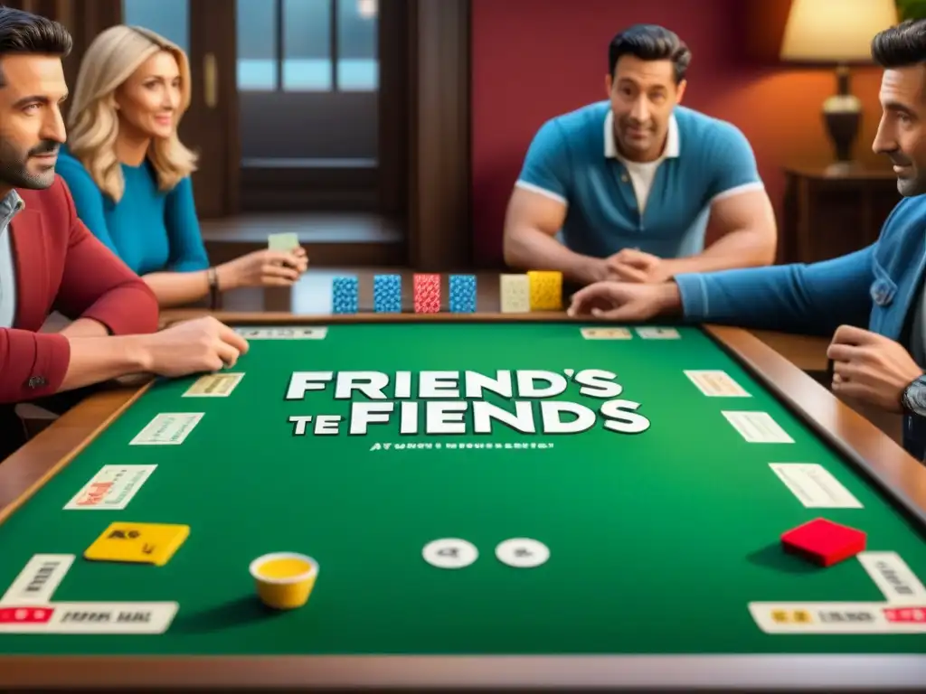 Un grupo de amigos disfruta emocionado el juego de mesa 'Friends' en una habitación acogedora