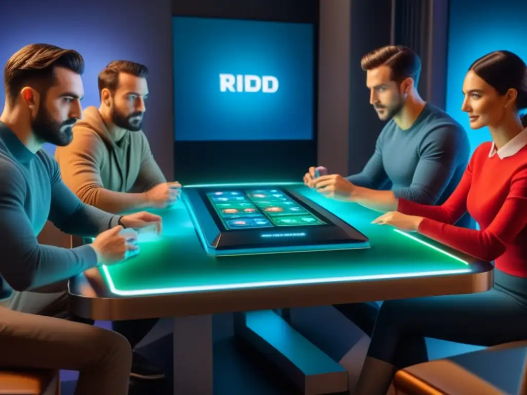 Un grupo de amigos juega emocionado en una mesa de juegos futurista con tecnología RFID, fusionando lo tradicional con lo innovador