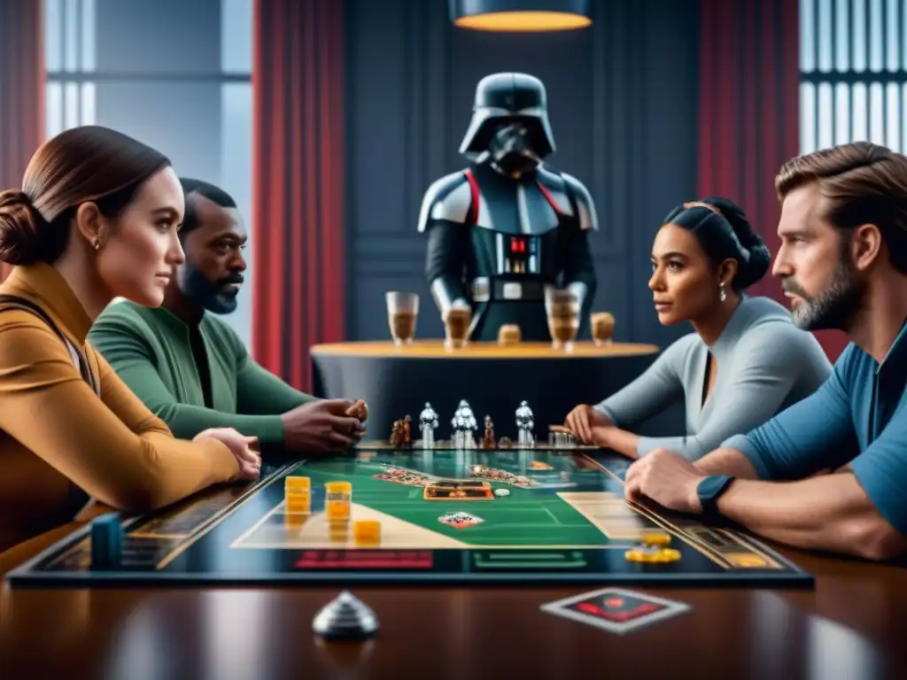 Grupo de amigos disfrutando un emocionante juego de mesa Star Wars, con piezas detalladas y tablero icónico, en un ambiente vibrante y divertido