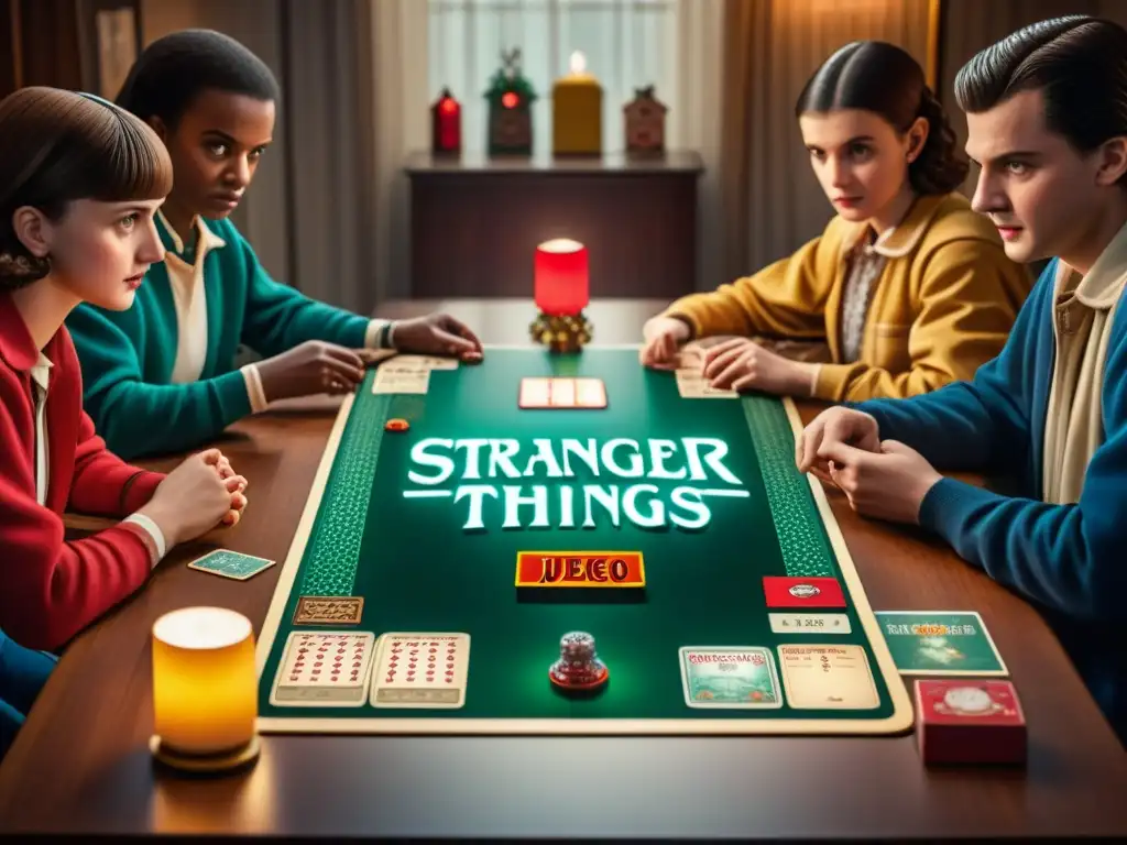 Un grupo de amigos disfruta emocionante partida de 'Stranger Things juego de mesa' en ambiente nostálgico y misterioso