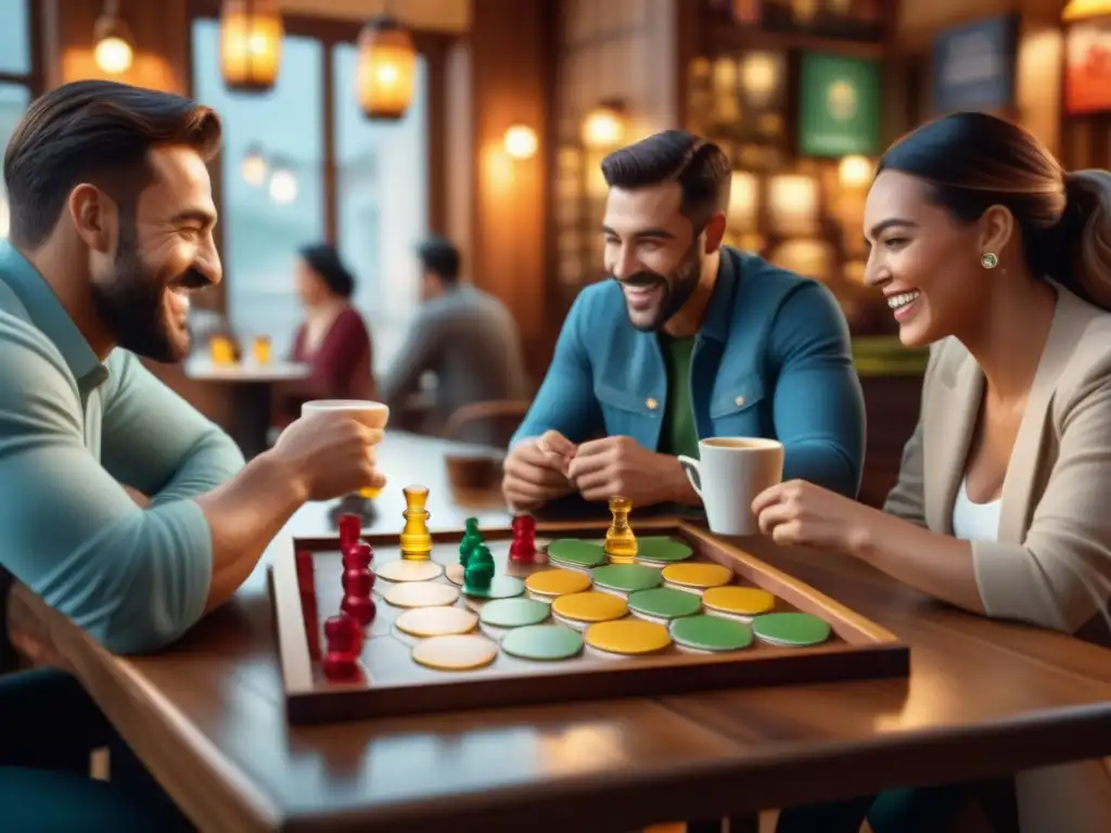 Un grupo de amigos riendo y planeando estrategias en una partida de Catan en un acogedor café, con piezas de colores y dados esparcidos