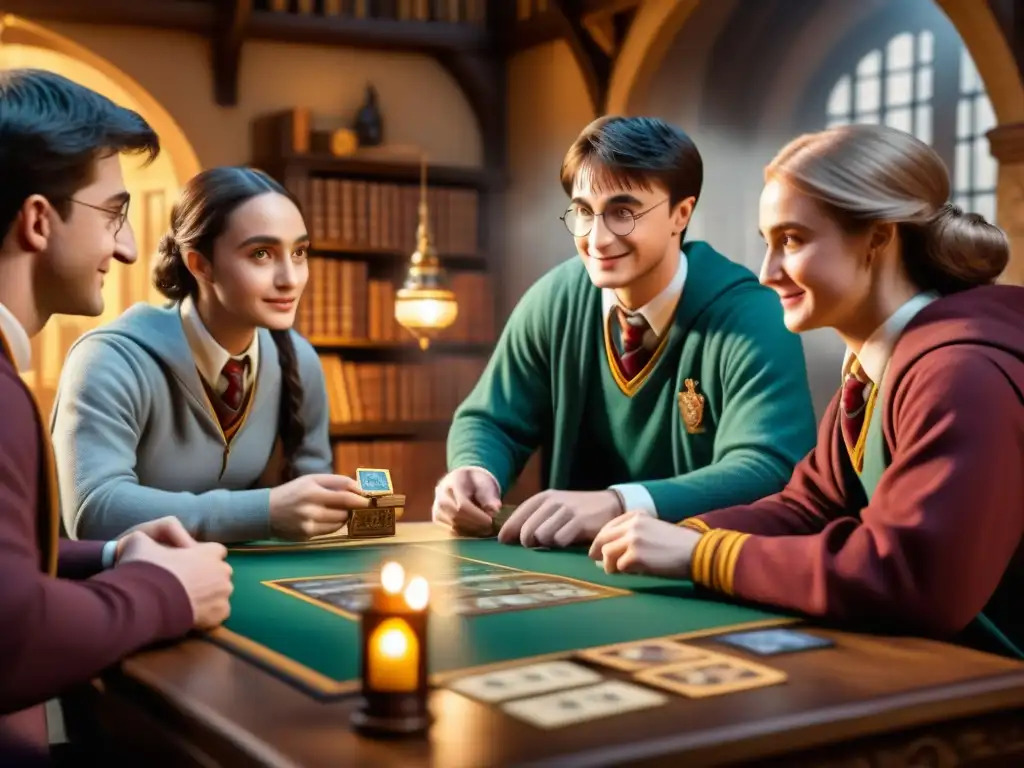 Un grupo de amigos inmersos en un apasionante Juego de mesa de Harry Potter, rodeados de cartas de hechizos y piezas mágicas