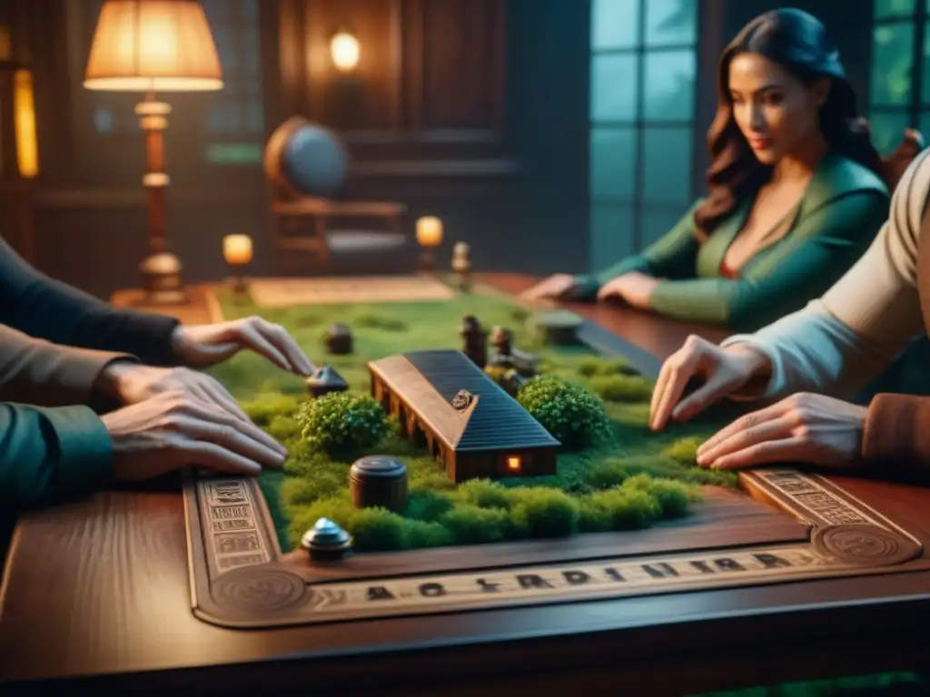 Un grupo de amigos inmersos en una intensa partida de Jumanji en una mesa de madera vintage, rodeados de criaturas de la jungla