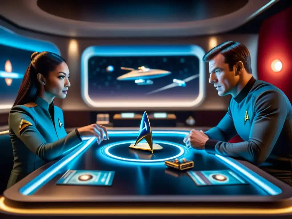 Grupo de amigos inmersos en un intenso juego de mesa Star Trek, rodeados de piezas detalladas en un escenario futurista