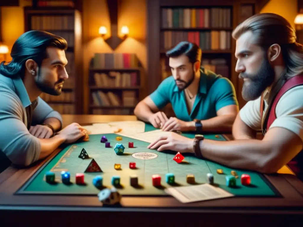Un grupo de amigos inmersos en un intenso juego de Dungeons and Dragons, con dados coloridos, hojas de personaje y un mapa de mazmorras sobre la mesa