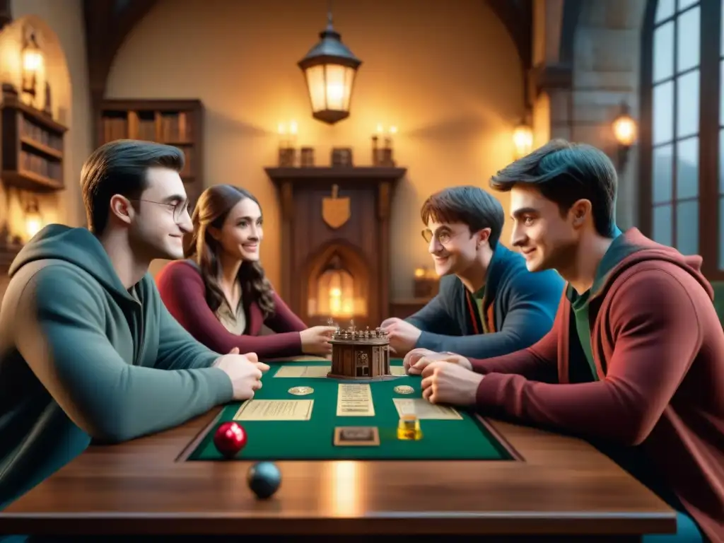 Grupo de amigos inmersos en el juego de mesa Harry Potter Hogwarts Battle rodeados de expansiones imprescindibles