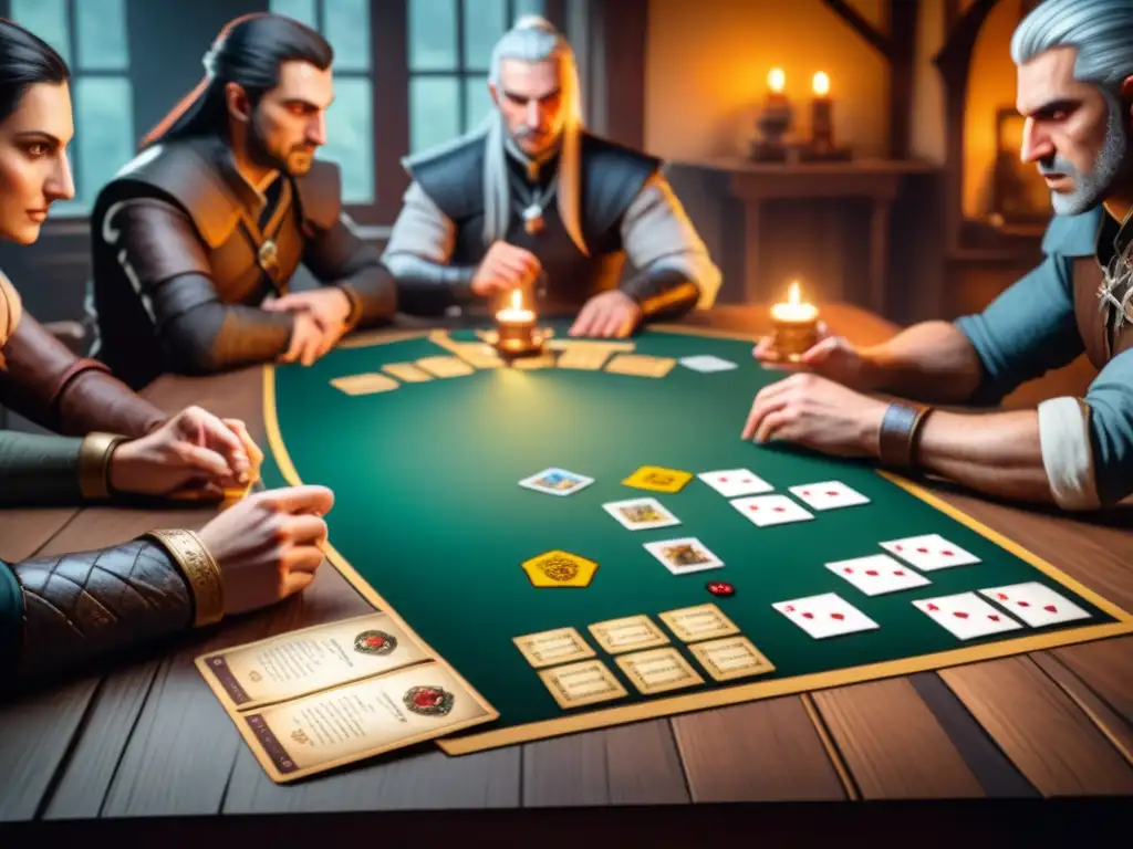 Grupo de amigos inmersos en un juego de 'The Witcher Adventure Game', creando una atmósfera acogedora y envolvente