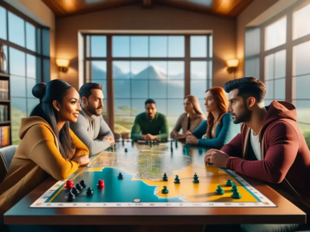 Un grupo de amigos inmersos en un juego de mesa estratégico, rodeados de tableros y piezas coloridas