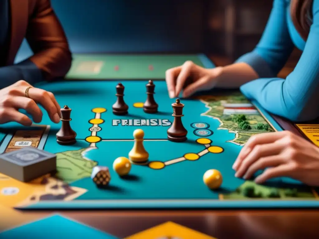 Un grupo de amigos inmersos en un juego de mesa, mostrando concentración y emoción