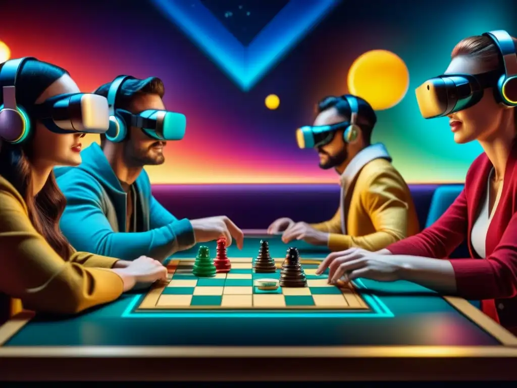 Amigos disfrutan juego de mesa espacial en realidad virtual Un grupo de amigos inmersos en un juego de mesa en Realidad Virtual, con expresiones de emoción y concentración