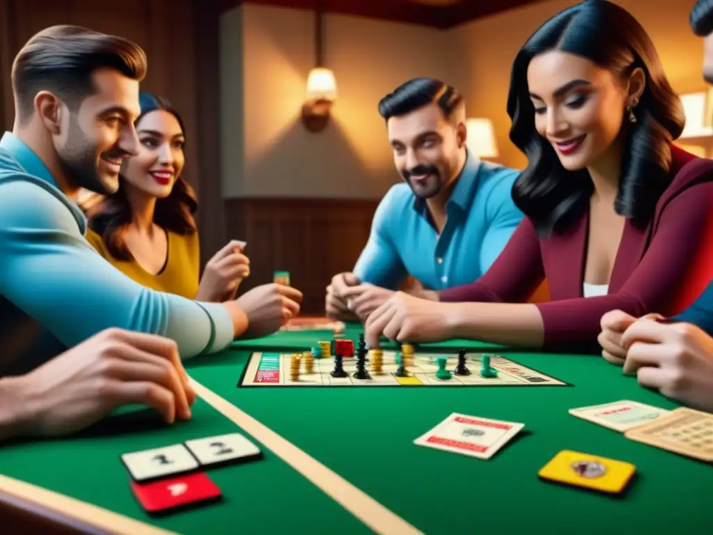 Grupo de amigos inmersos en un juego de mesa clásico como Monopoly o Scrabble